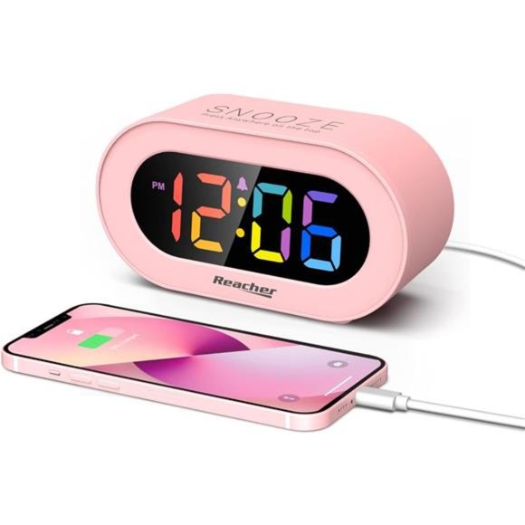 Pink Girls Alarm Clock, Dimmable Colorful LED Digital Display, USB Phone Charger - Picture 1 of 7